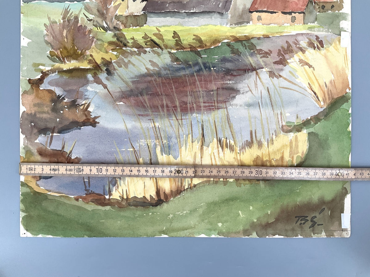 *GEMÄLDE TEICH MIT HÄUSER ZWEISEITIG BERG AQUARELL SIGNIERT PASTELLFARBE UNIKAT