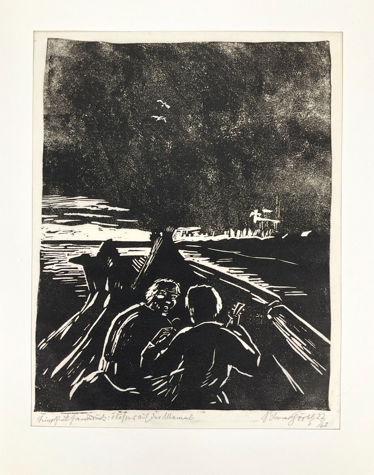 *LINOLSCHNITT WERNER GÖRITZ FLÖßER AUF DER MEMEL HANDSIGNIERT 1927/1967 ORIGINAL