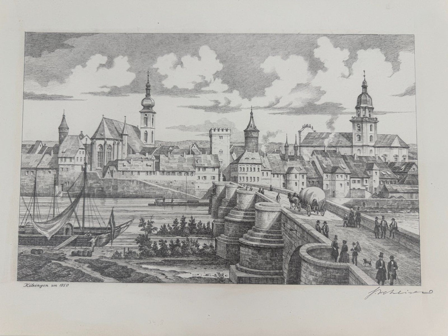 * HEINZ WEHLISCH ZEICHNUNG KITZINGEN UM 1850 ANSICHT SIGNIERT