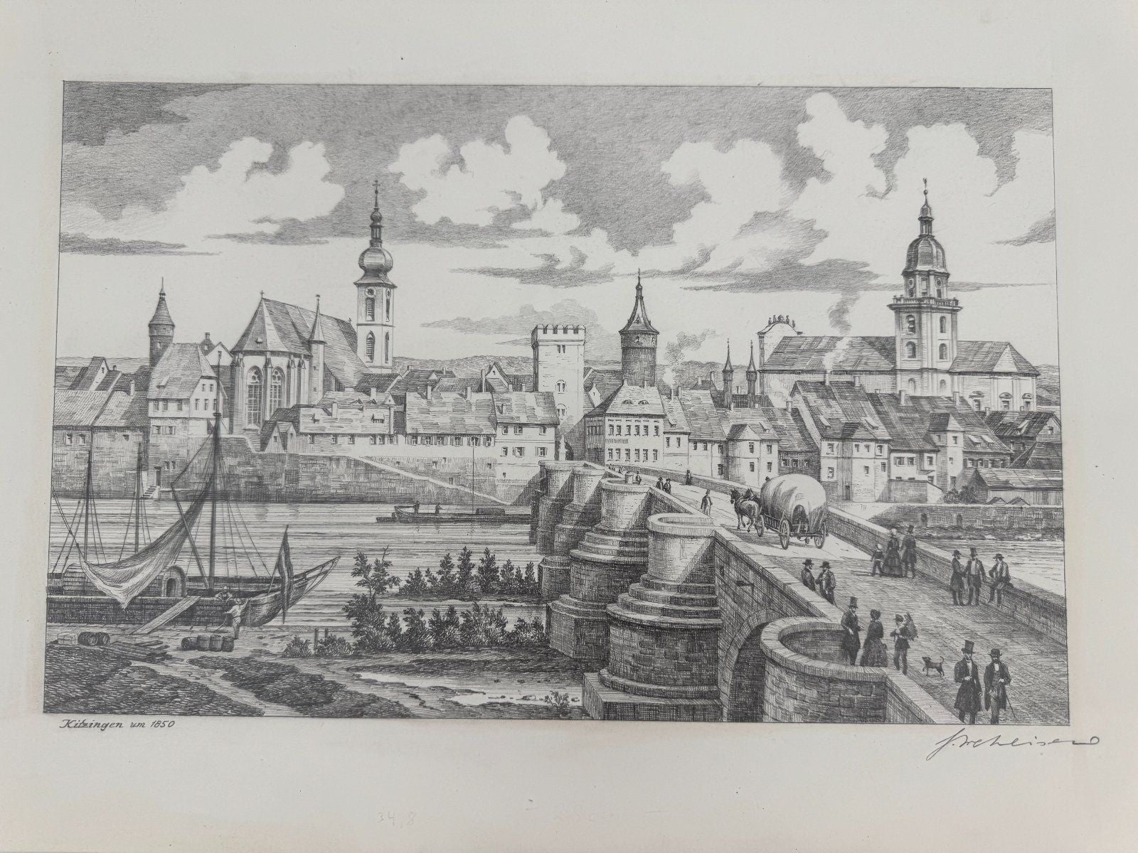 * HEINZ WEHLISCH ZEICHNUNG KITZINGEN UM 1850 ANSICHT SIGNIERT