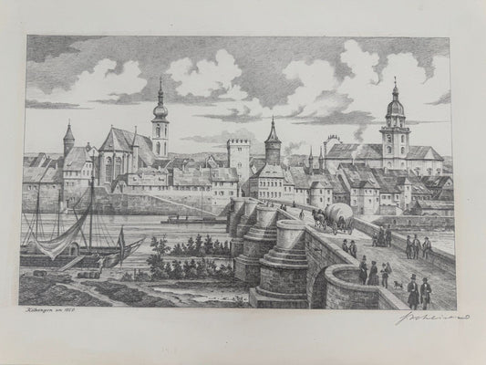 * HEINZ WEHLISCH ZEICHNUNG KITZINGEN UM 1850 ANSICHT SIGNIERT