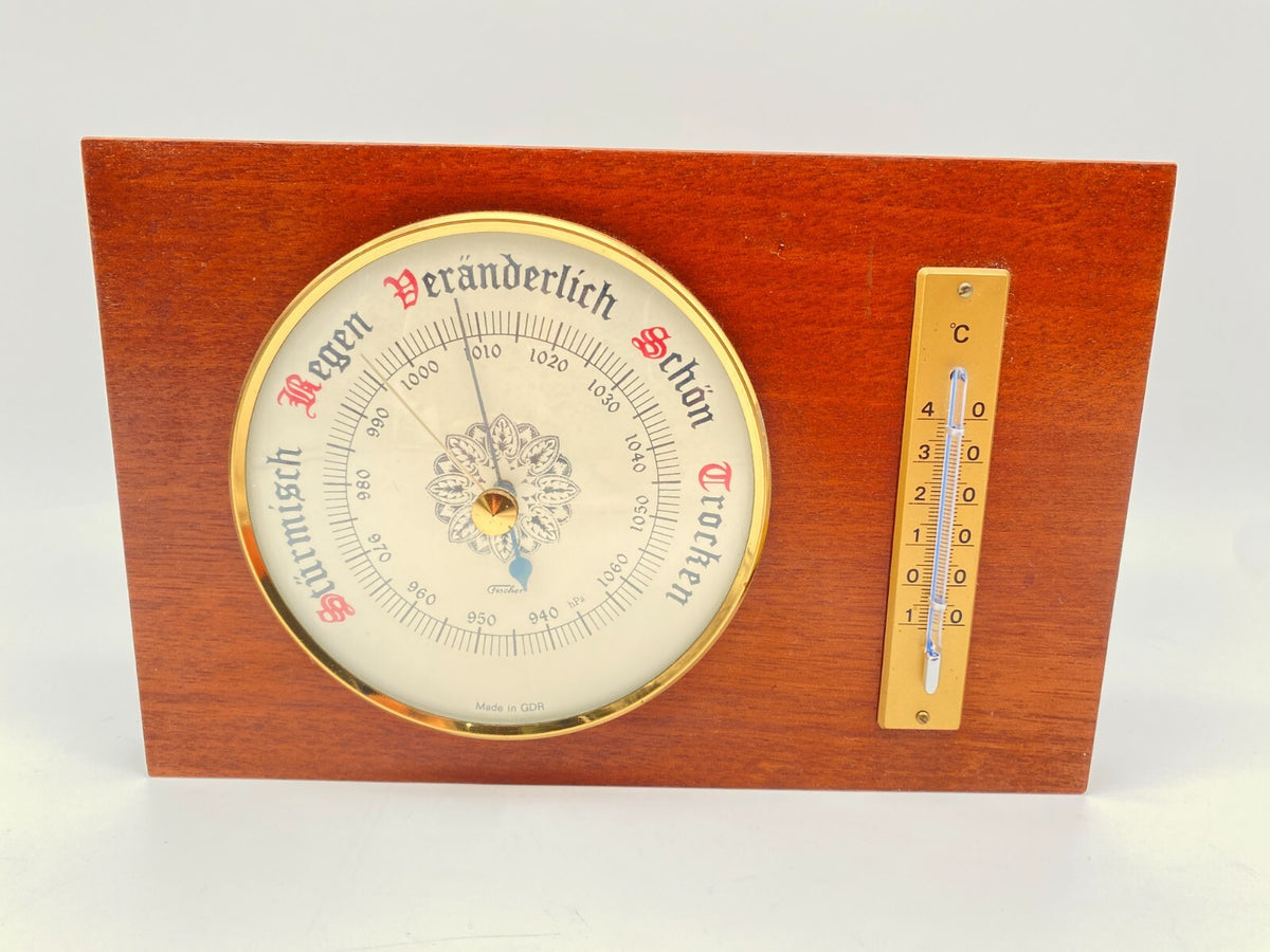 ALTE WETTERSTATION THERMOMETER BAROMETER FISCHER HOLZ VINTAGE DDR GDR