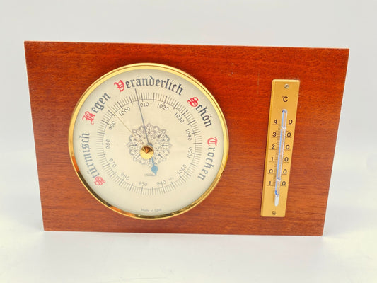 ALTE WETTERSTATION THERMOMETER BAROMETER FISCHER HOLZ VINTAGE DDR GDR