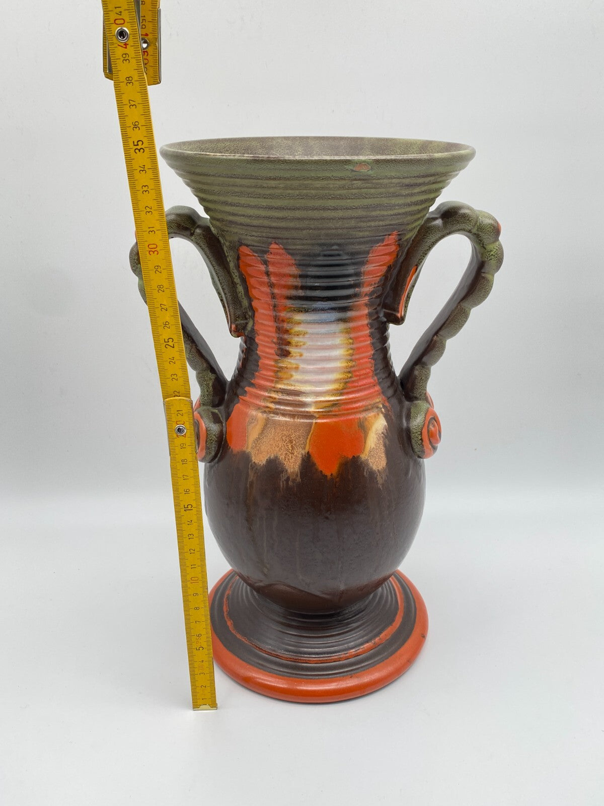 CARSTENS GRÄFENRODA ART DECO VASE HENKEL AMPHORENVASE LAUFGLASUR FAT LAVA GERMAN