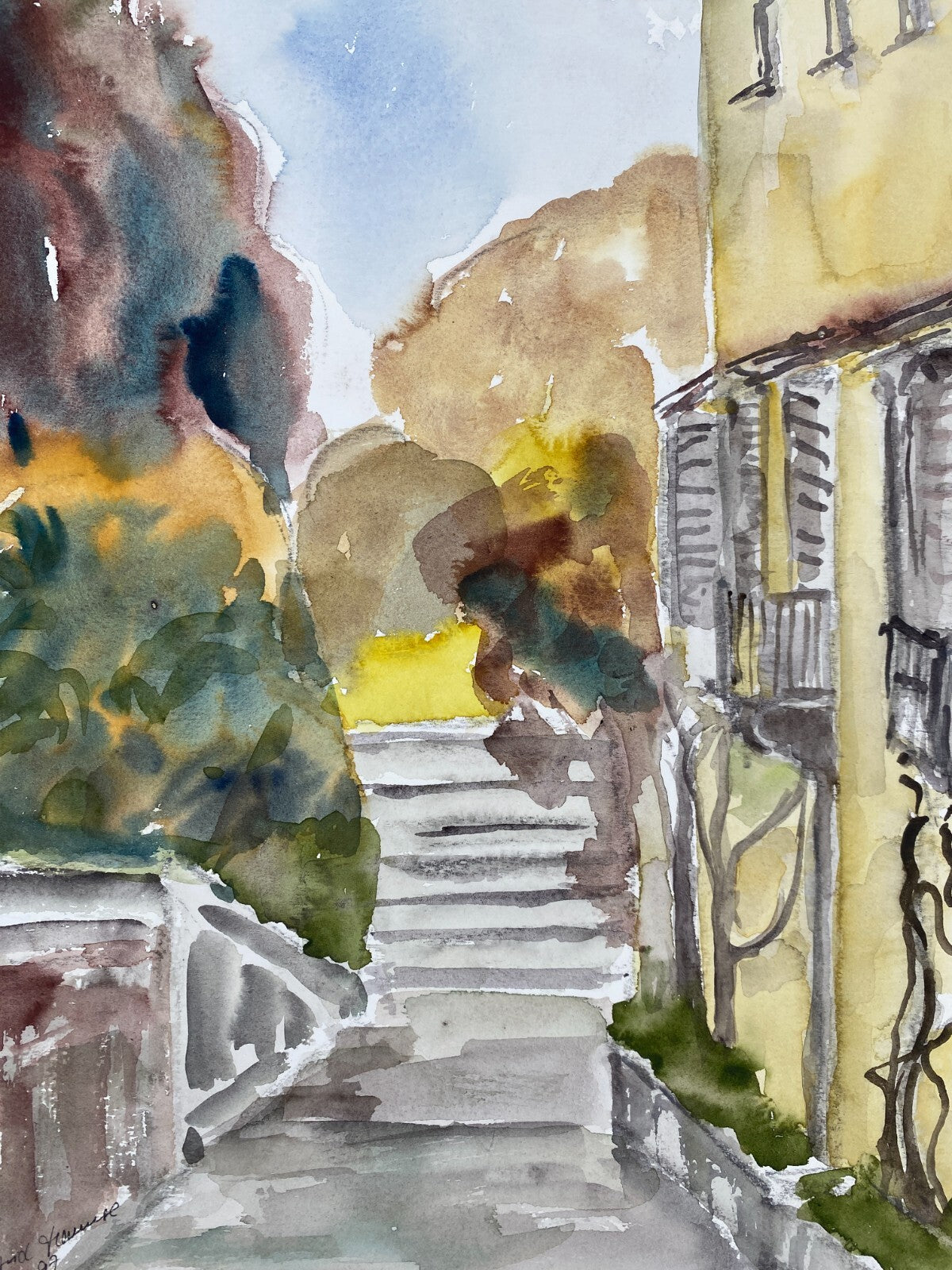 *AQUARELLGEMÄLDE LANDSCHAFT ITALIEN VILLA STEINTREPPE SIGRID HANNSE 1997 UNIKAT