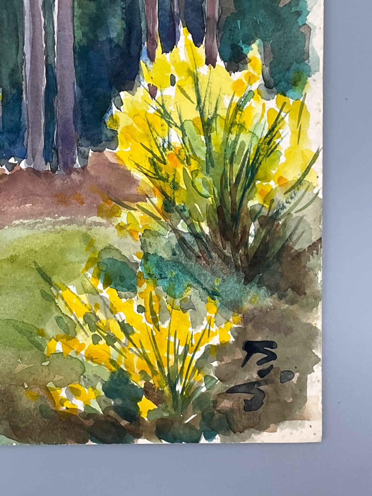 *GEMÄLDE WALD MIT GOLDGLÖCKCHEN AQUARELL SIGNIERT FRÜHLING GELB GRÜN UNIKAT