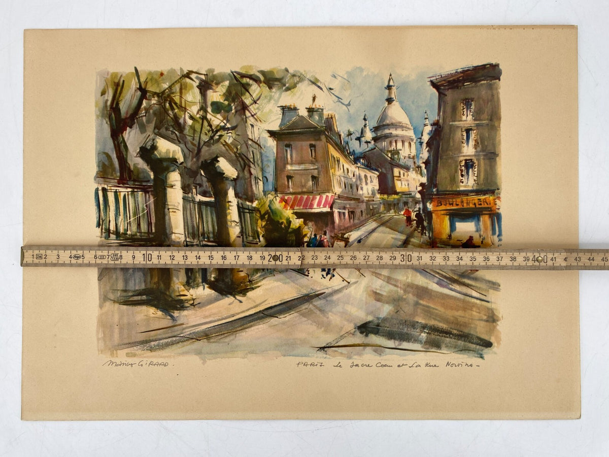 *KUNSTDRUCK AQUARELL MARIUS GIRARD PARIS RUE NORVINS ET LE SACRE-COEUR VINTAGE