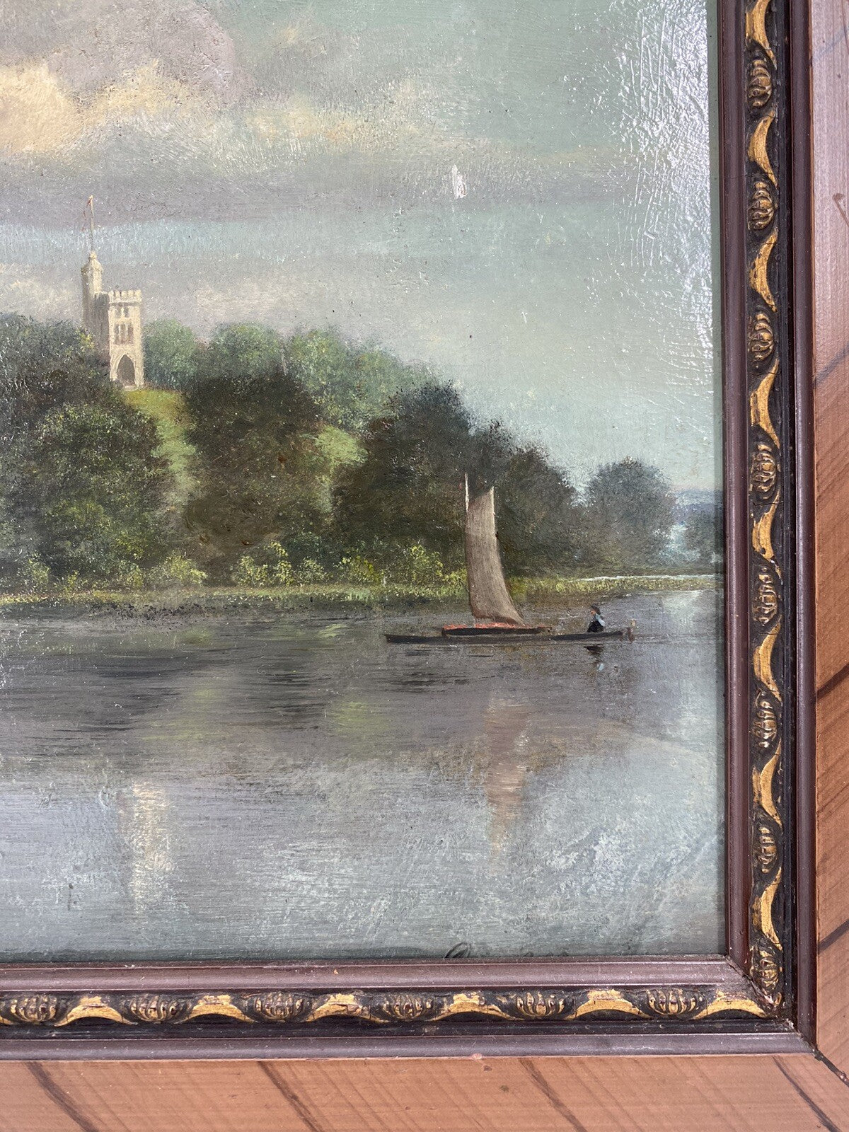 * ÖLGEMÄLDE BILD ÖL INSEL BOOT WETTER WOLKEN ANSICHT ANTIK 1909