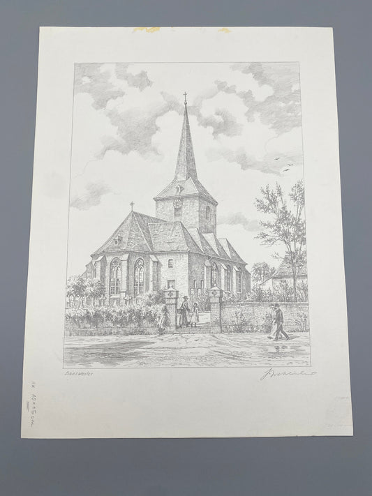 DEUTSCHER KÜNSTLER HEINZ WEHLISCH ZEICHNUNG BAESWEILER KIRCHE SIGNIERT