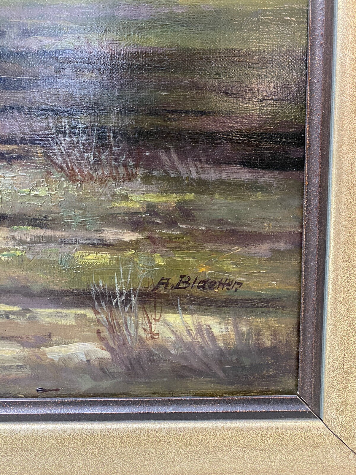 * ALBERT BLAETTER ABENDSTIMMUNG ÖLGEMÄLDE 30er FLUSS MOOR BOOT