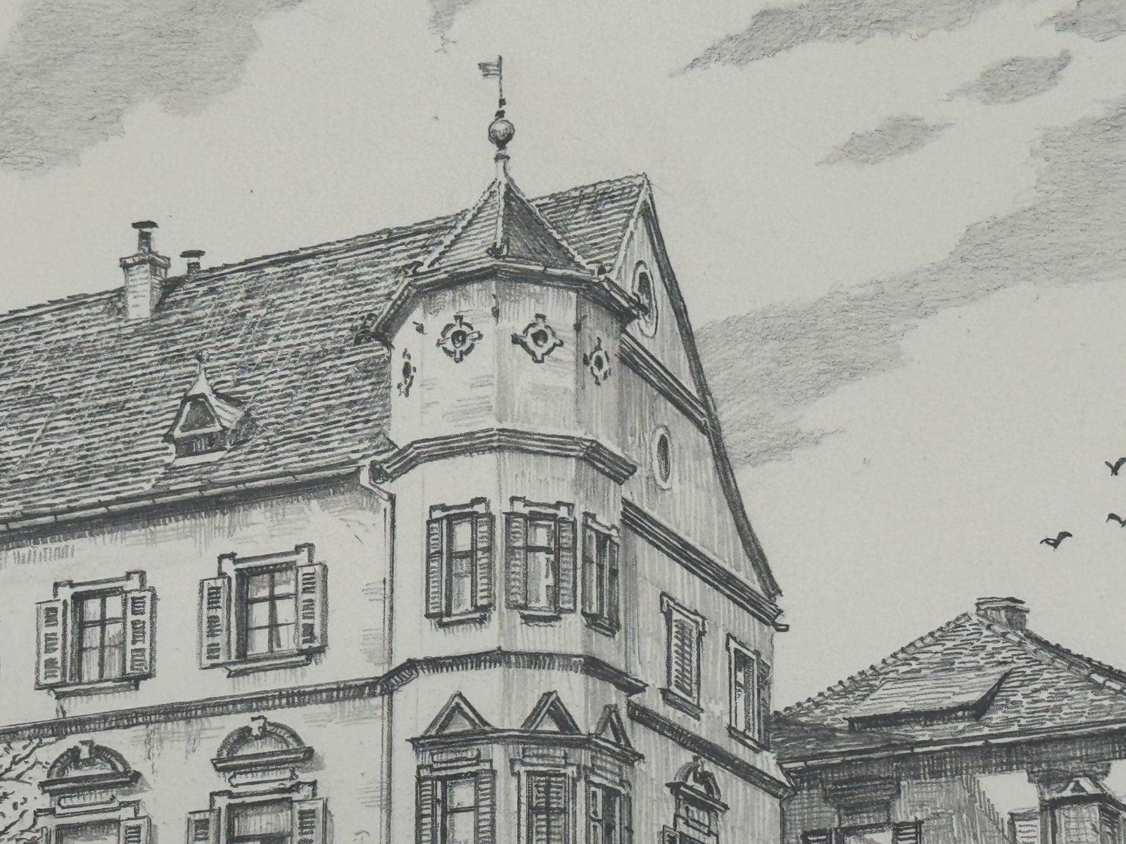 * HEINZ WEHLISCH ZEICHNUNG TREUCHTLINGER SCHLOß ANSICHT 1900 SIGNIERT
