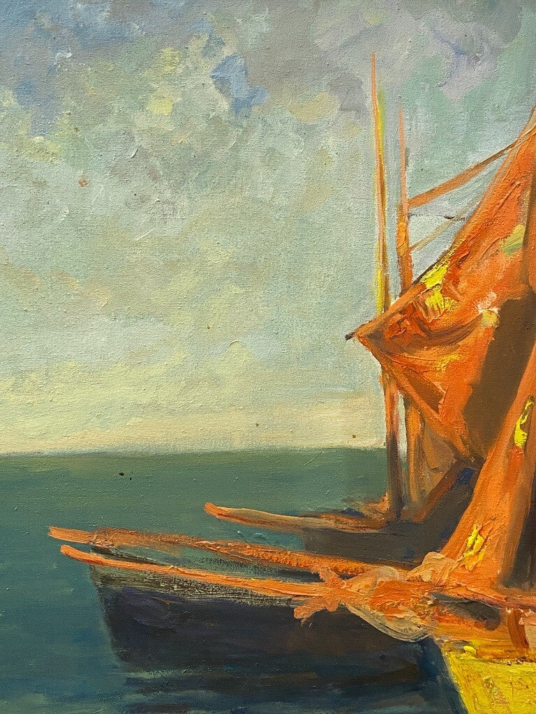 * ÖLGEMÄLDE GEMÄLDE AUGUST ENDRUSCHAT SEGELBOOT HAFEN MEER VINTAGE SIGNIERT
