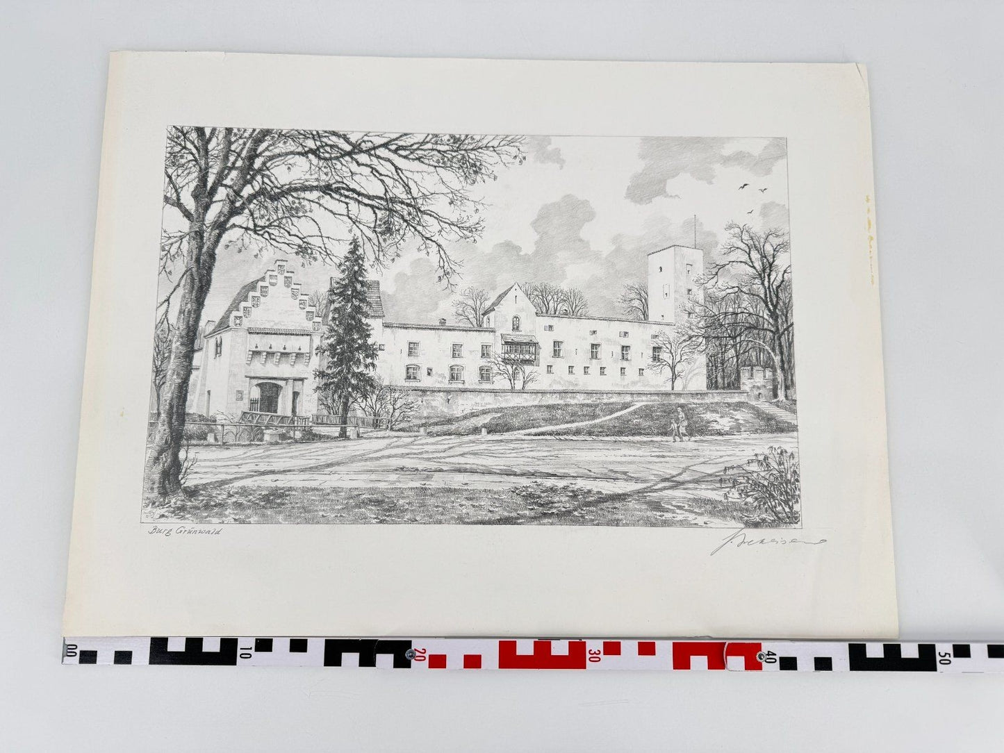 * HEINZ WEHLISCH ZEICHNUNG BURG GRÜNWALD MÜNCHEN ANSICHT SIGNIERT