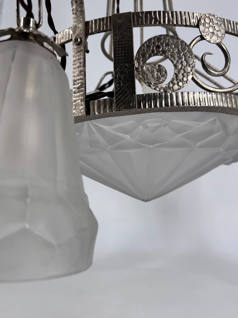 Art Deco Kronleuchter mit Glasglocken von Dégué, Frankreich um 1930