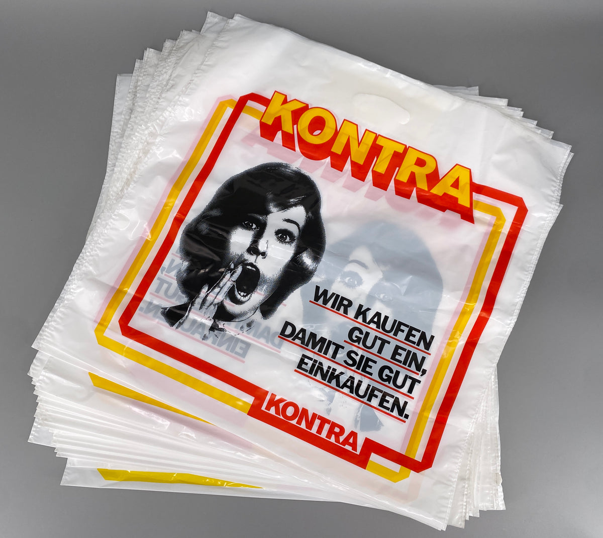 29x Tüten von KONTRA-Verbrauchermärkte mit Pop-Art Logo, Deutschland 1970er
