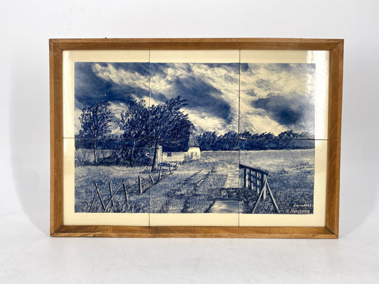 Wandbild eines Bauernhauses auf Fliesen in Eupern, Belgien 1943 von M. Hasaux