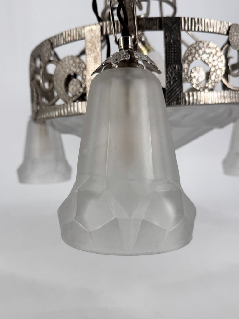 Art Deco Kronleuchter mit Glasglocken von Dégué, Frankreich um 1930