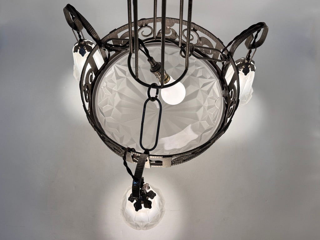 Art Deco Kronleuchter mit Glasglocken von Dégué, Frankreich um 1930