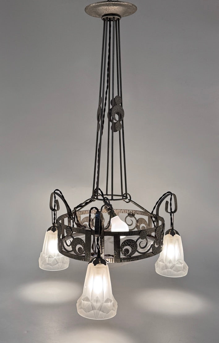 Art Deco Kronleuchter mit Glasglocken von Dégué, Frankreich um 1930