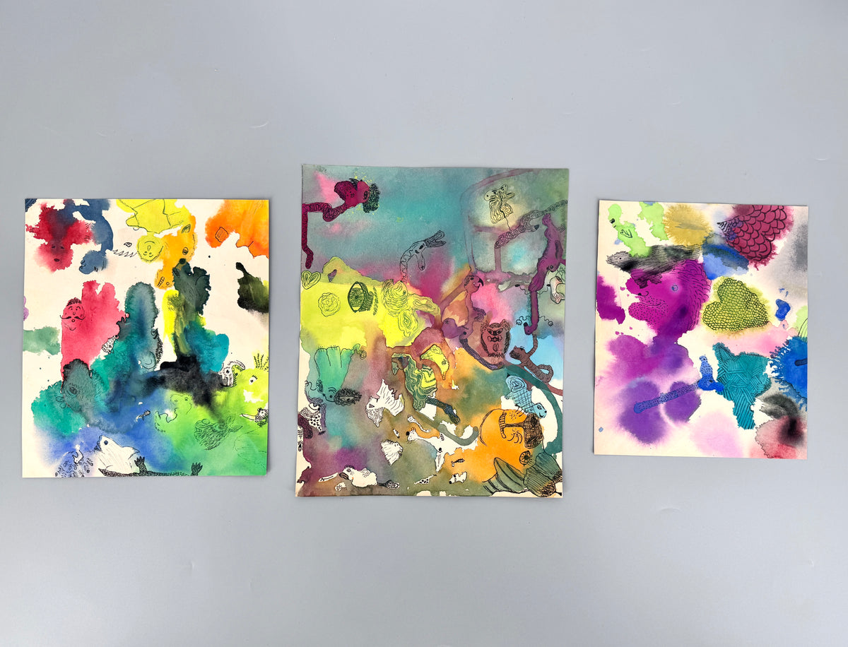 3x Aquarell. Bunte Gesichter, Phantasiewesen und Formen