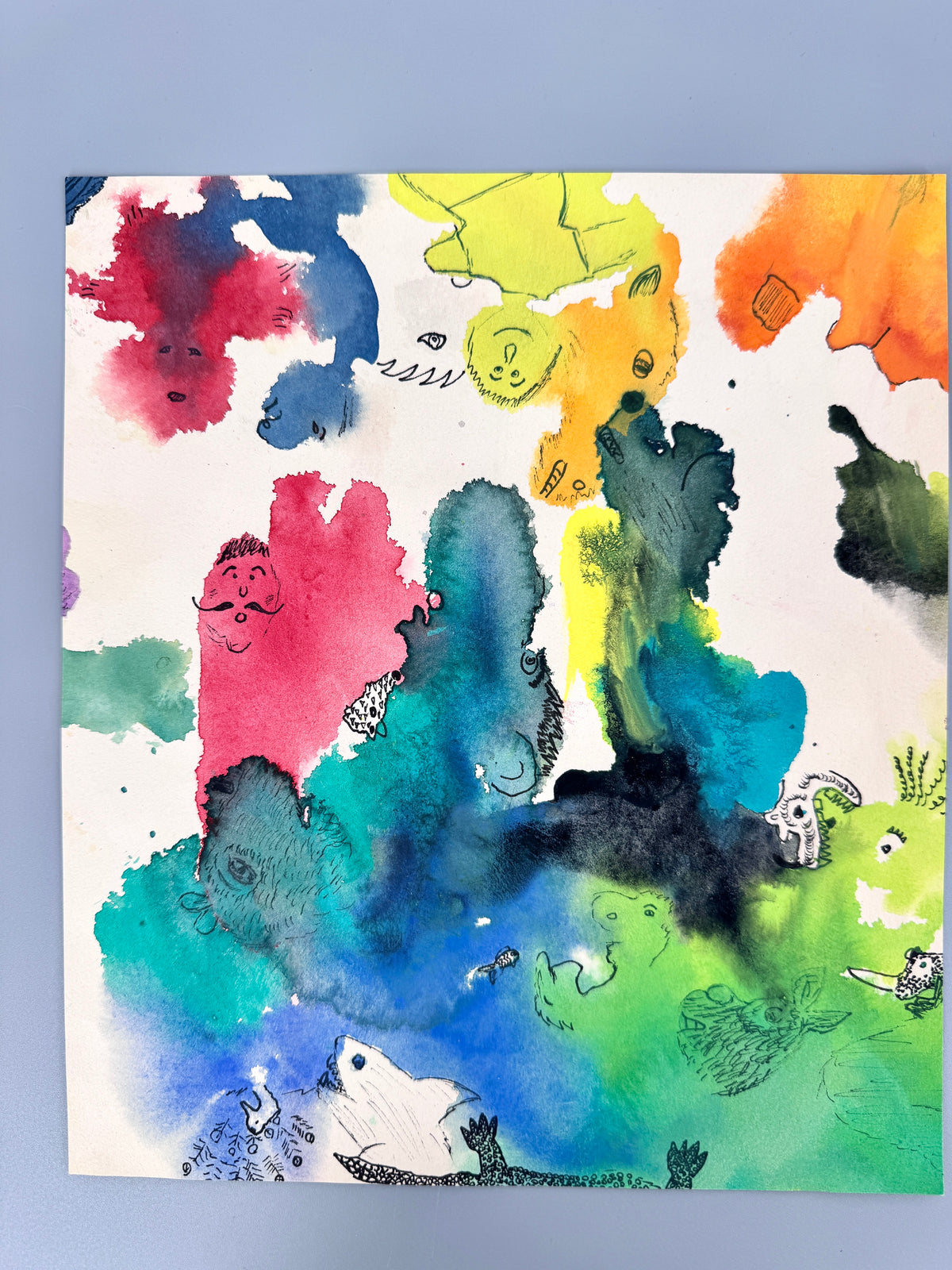 3x Aquarell. Bunte Gesichter, Phantasiewesen und Formen