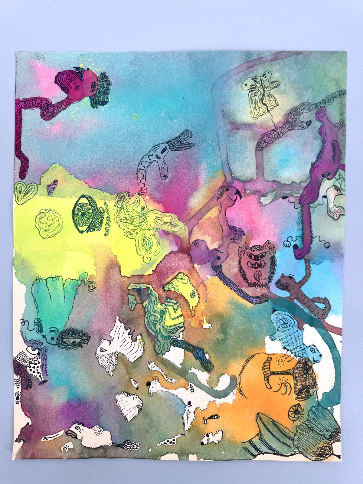 3x Aquarell. Bunte Gesichter, Phantasiewesen und Formen