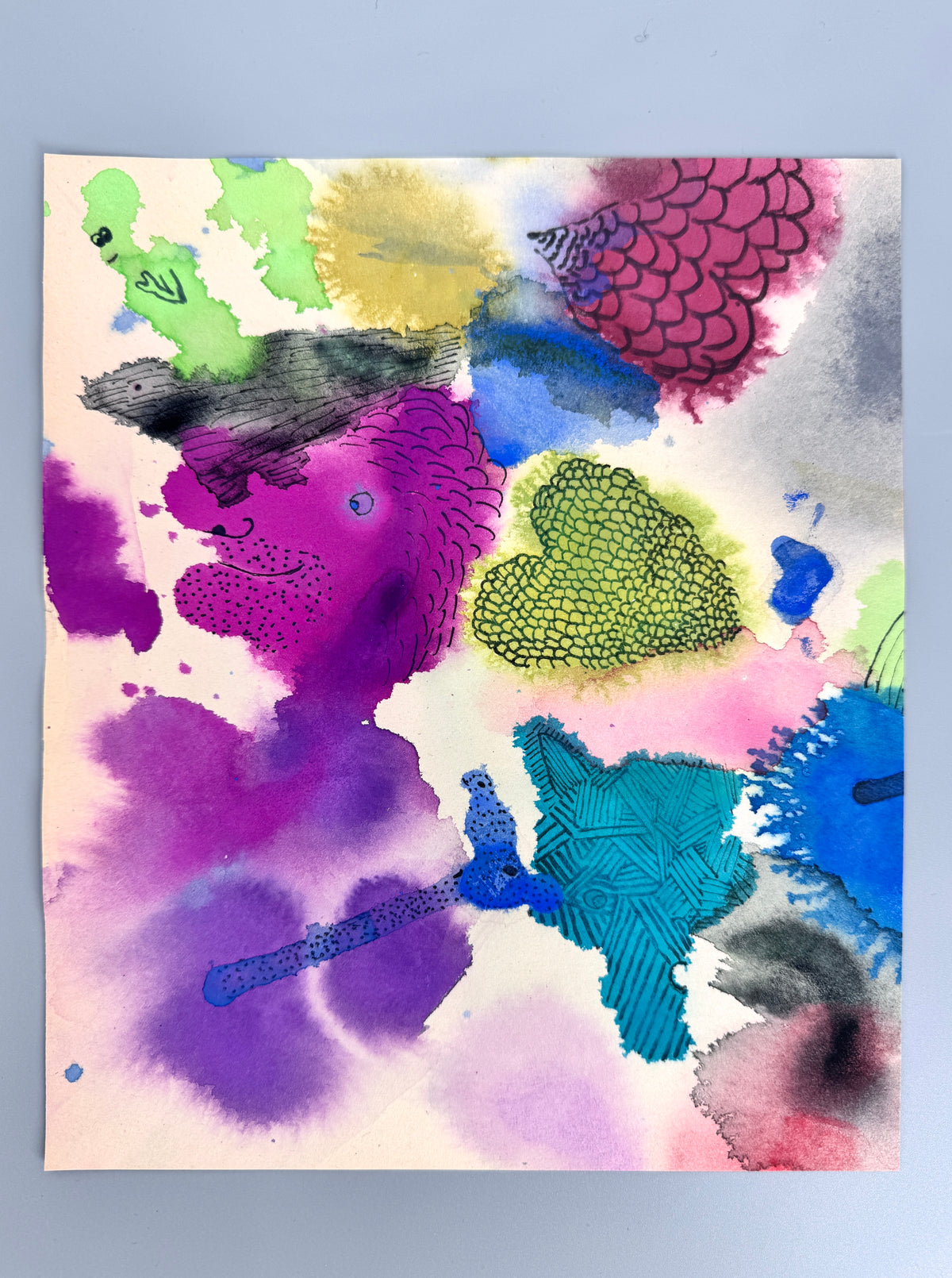 3x Aquarell. Bunte Gesichter, Phantasiewesen und Formen