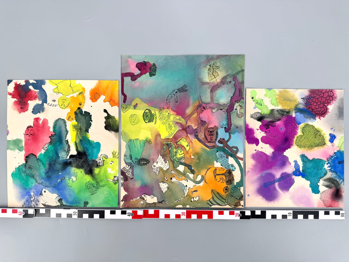 3x Aquarell. Bunte Gesichter, Phantasiewesen und Formen