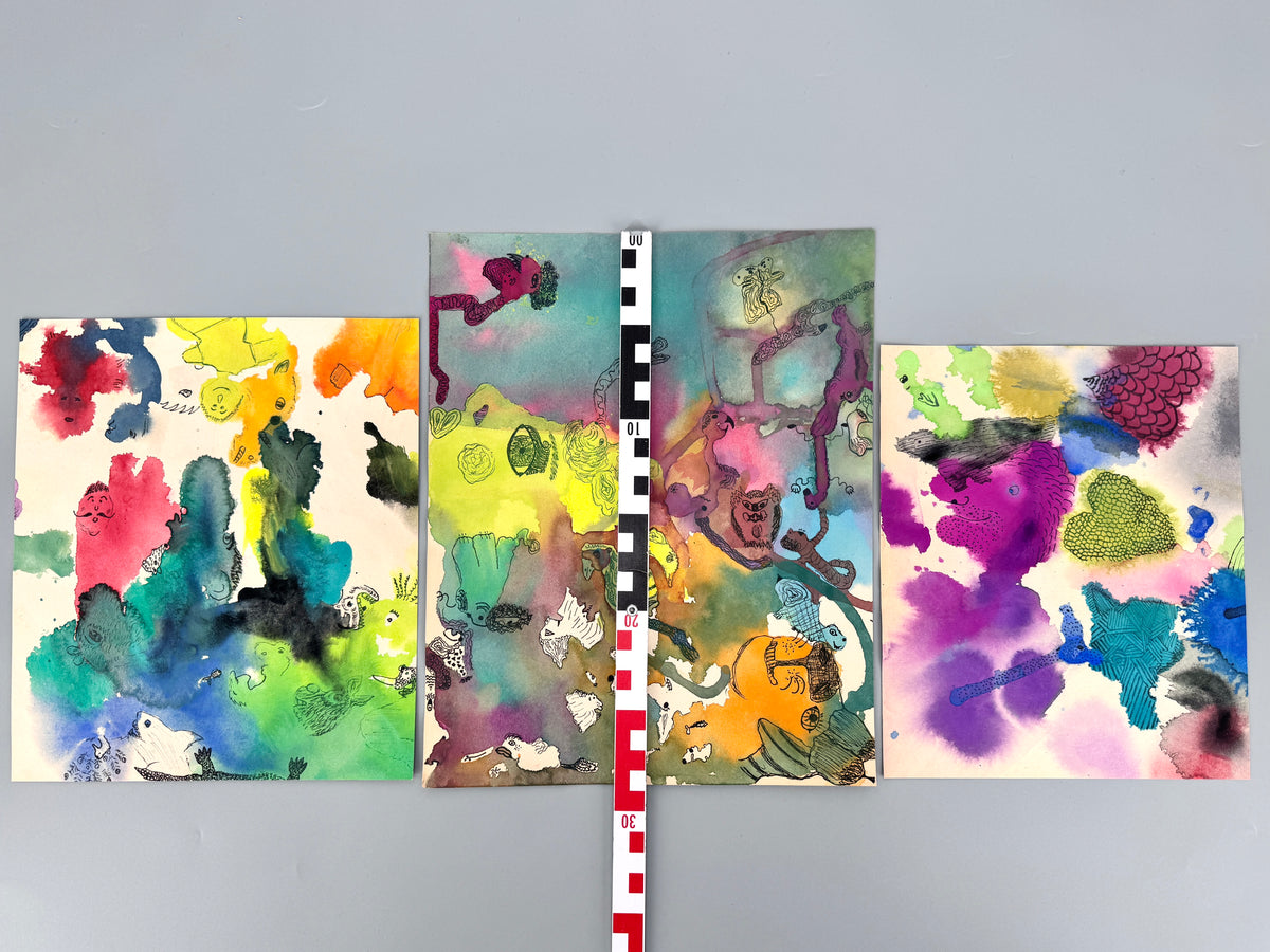 3x Aquarell. Bunte Gesichter, Phantasiewesen und Formen