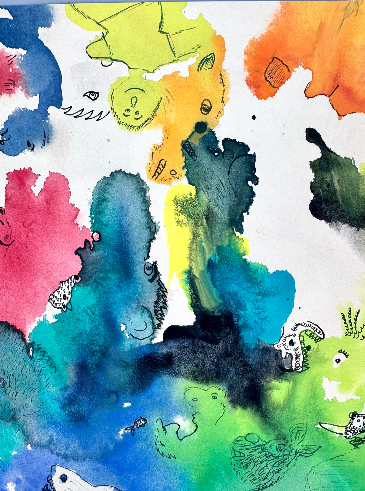3x Aquarell. Bunte Gesichter, Phantasiewesen und Formen