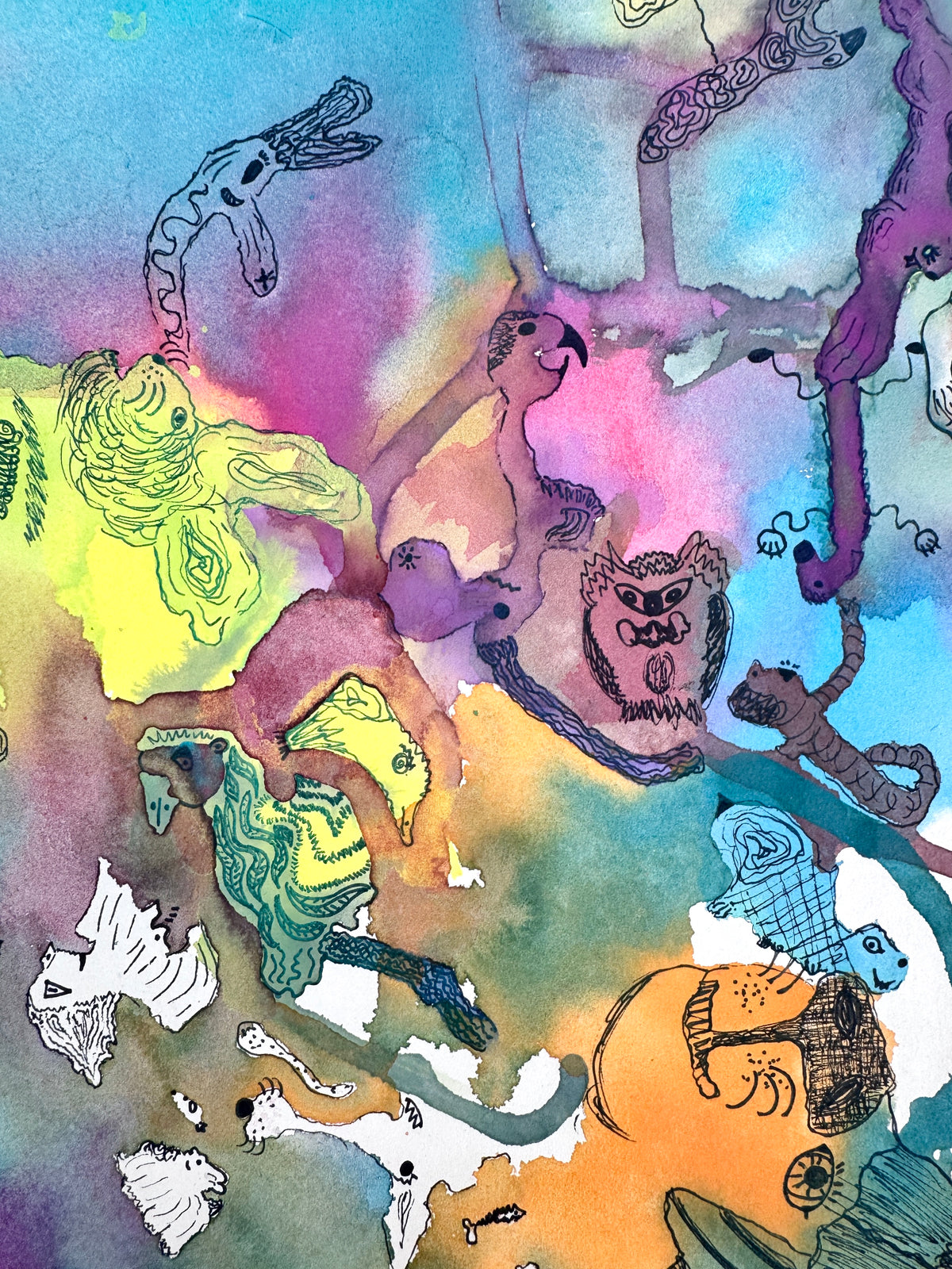 3x Aquarell. Bunte Gesichter, Phantasiewesen und Formen