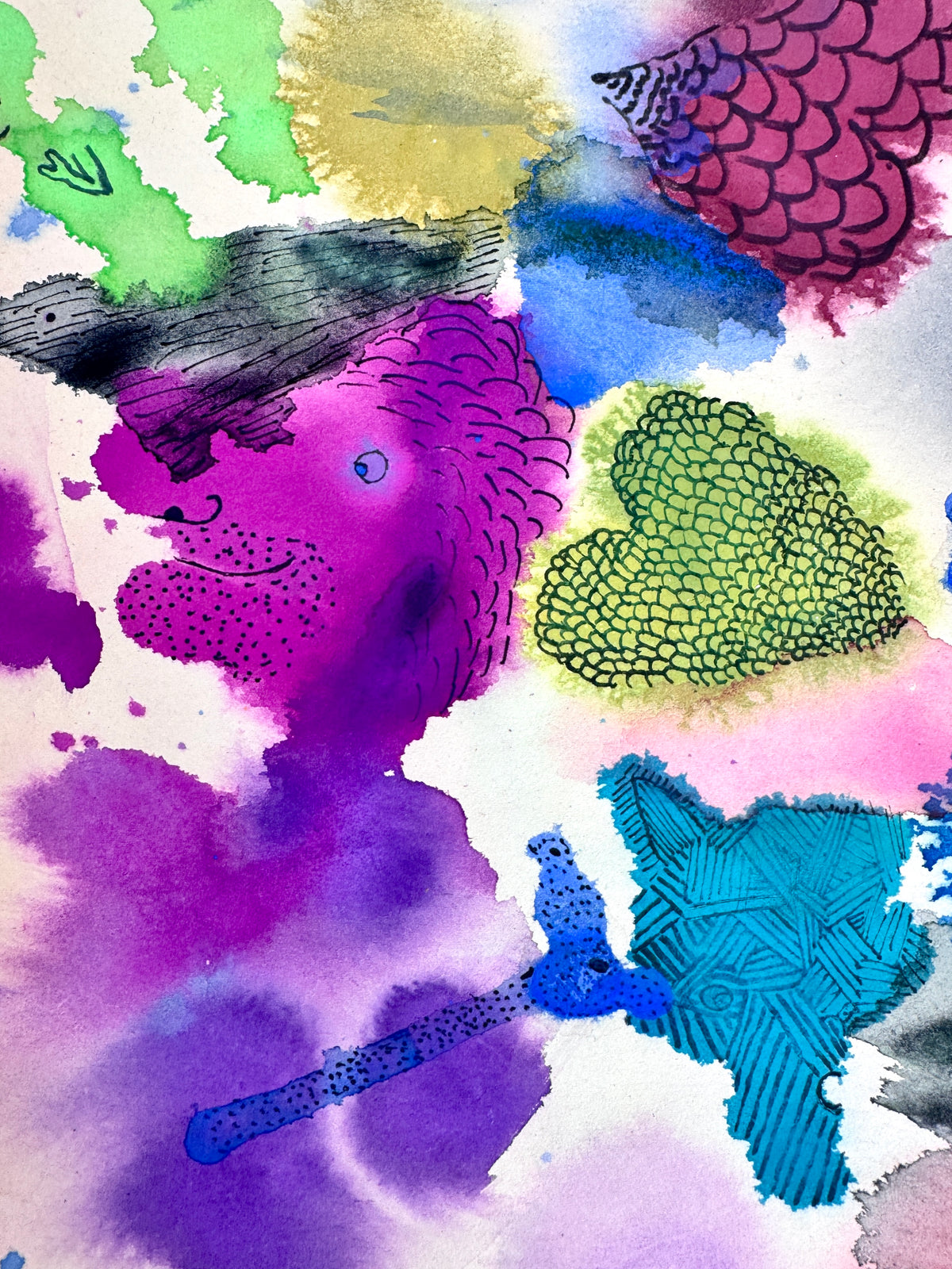 3x Aquarell. Bunte Gesichter, Phantasiewesen und Formen