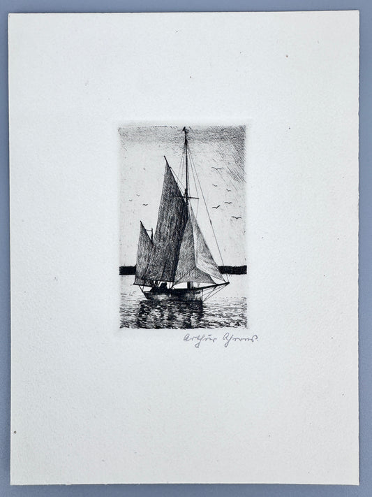 Kutter, Segelboot. Radierung