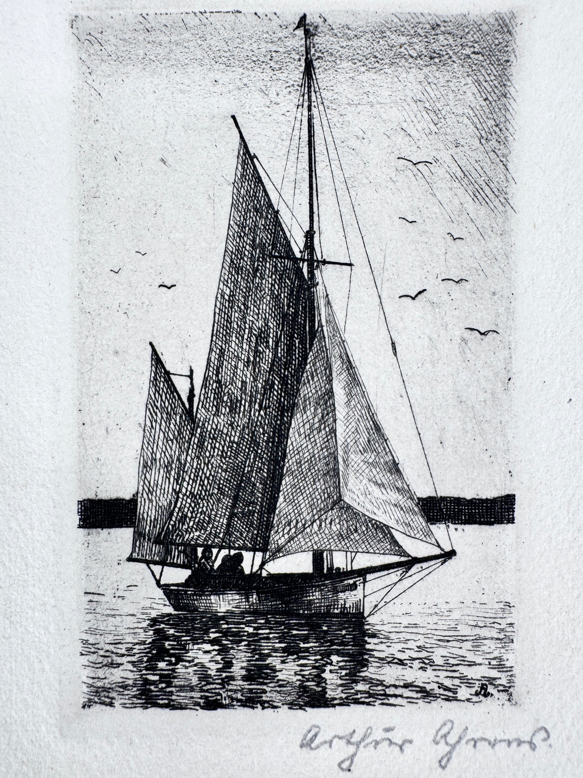 Kutter, Segelboot. Radierung