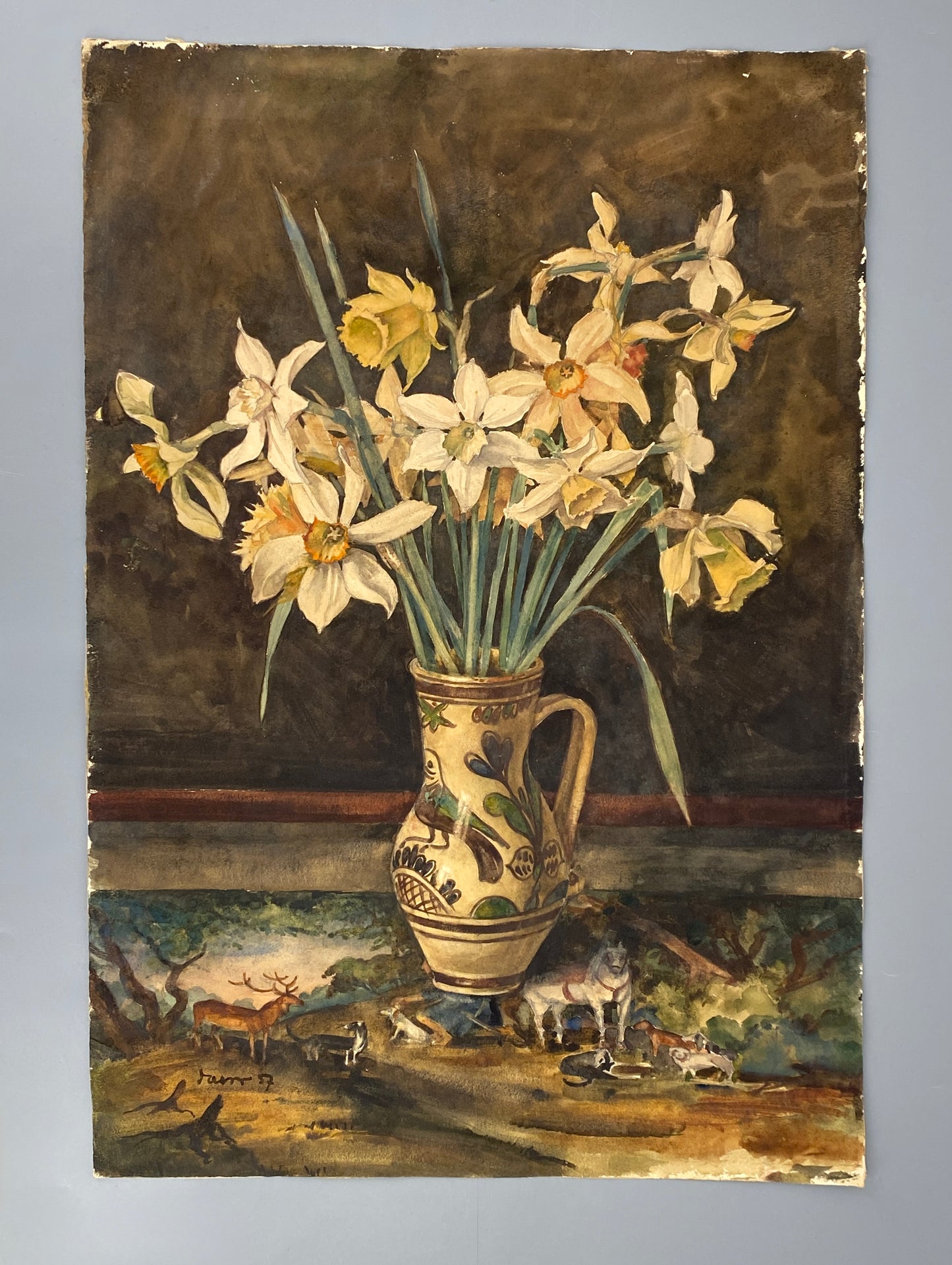 Gouache-Gemälde "Blumenstilleben mit Narzissen" von unbekanntem Künstler signiert, 1957