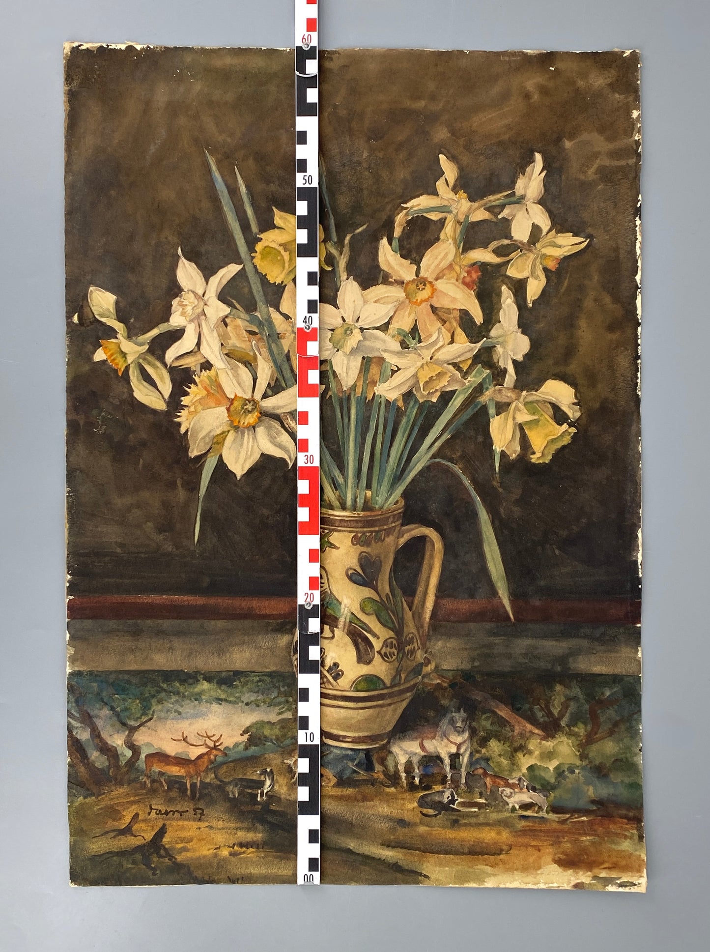Gouache-Gemälde "Blumenstilleben mit Narzissen" von unbekanntem Künstler signiert, 1957