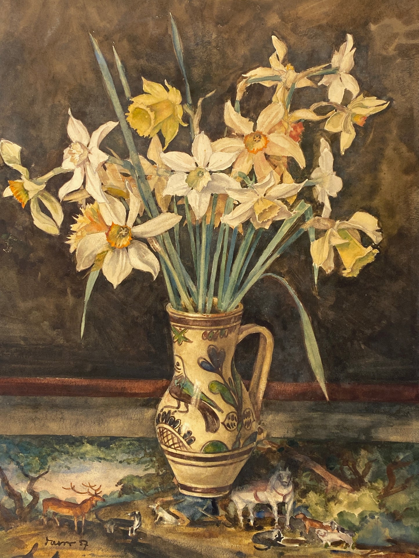 Gouache-Gemälde "Blumenstilleben mit Narzissen" von unbekanntem Künstler signiert, 1957