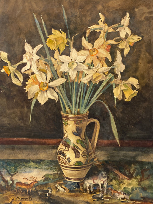 Gouache-Gemälde "Blumenstilleben mit Narzissen" von unbekanntem Künstler signiert, 1957