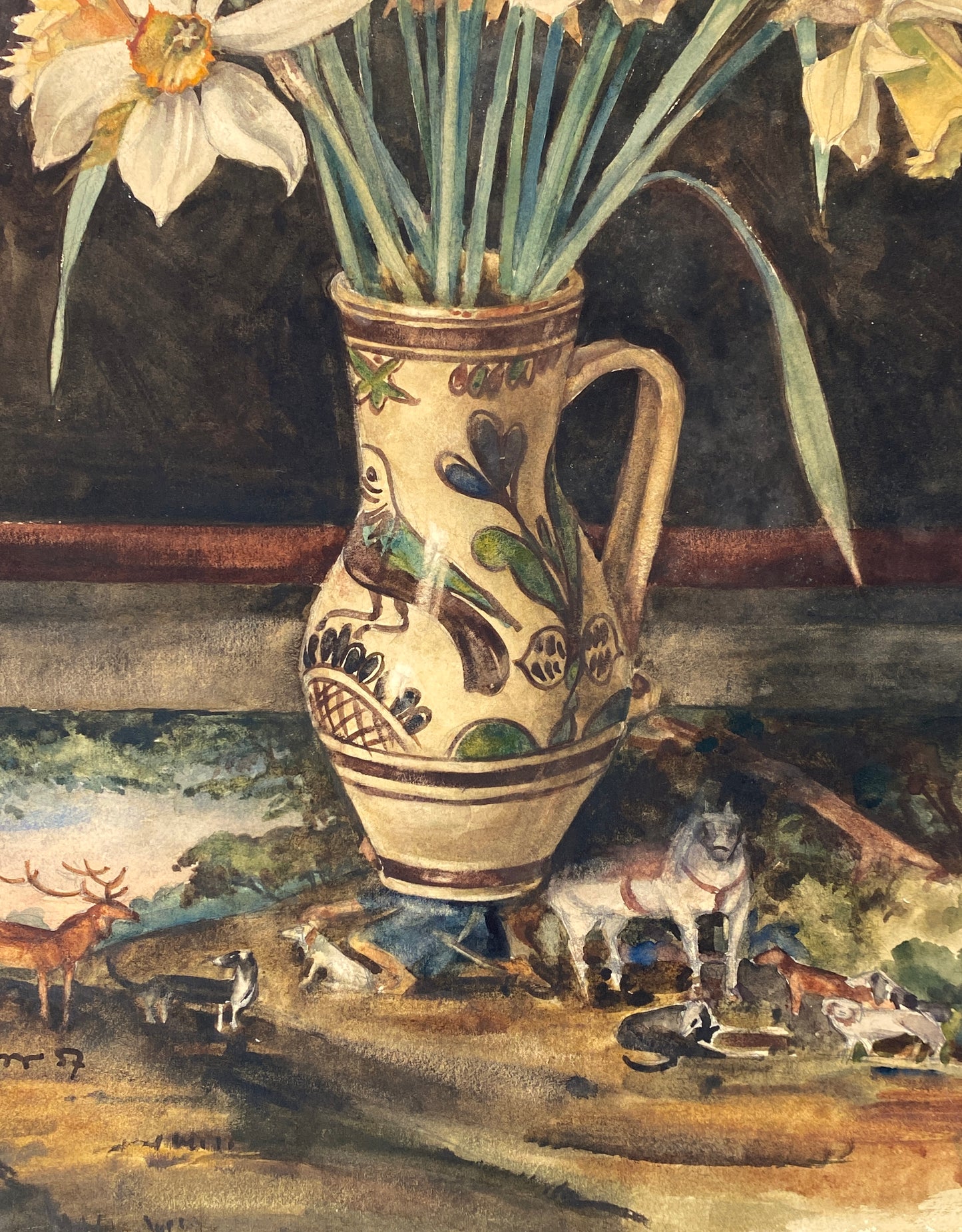 Gouache-Gemälde "Blumenstilleben mit Narzissen" von unbekanntem Künstler signiert, 1957