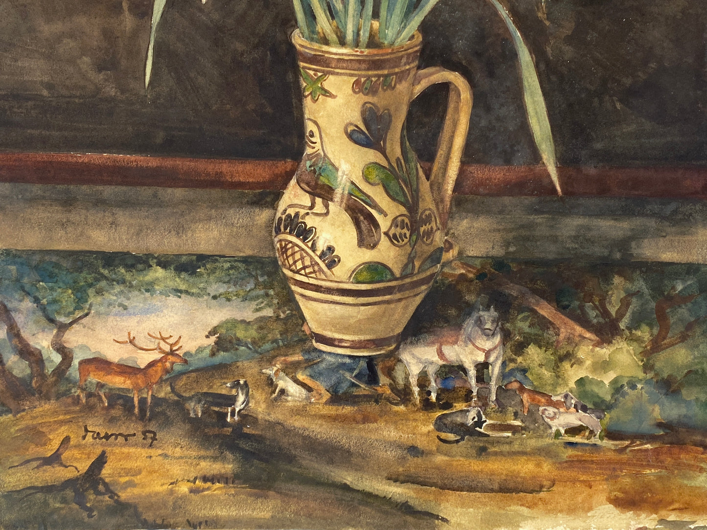 Gouache-Gemälde "Blumenstilleben mit Narzissen" von unbekanntem Künstler signiert, 1957