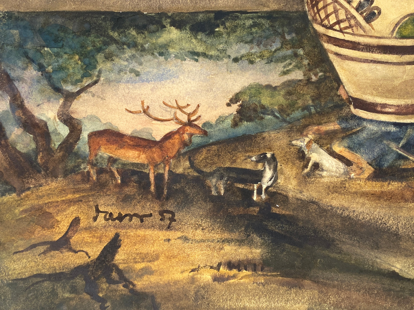 Gouache-Gemälde "Blumenstilleben mit Narzissen" von unbekanntem Künstler signiert, 1957