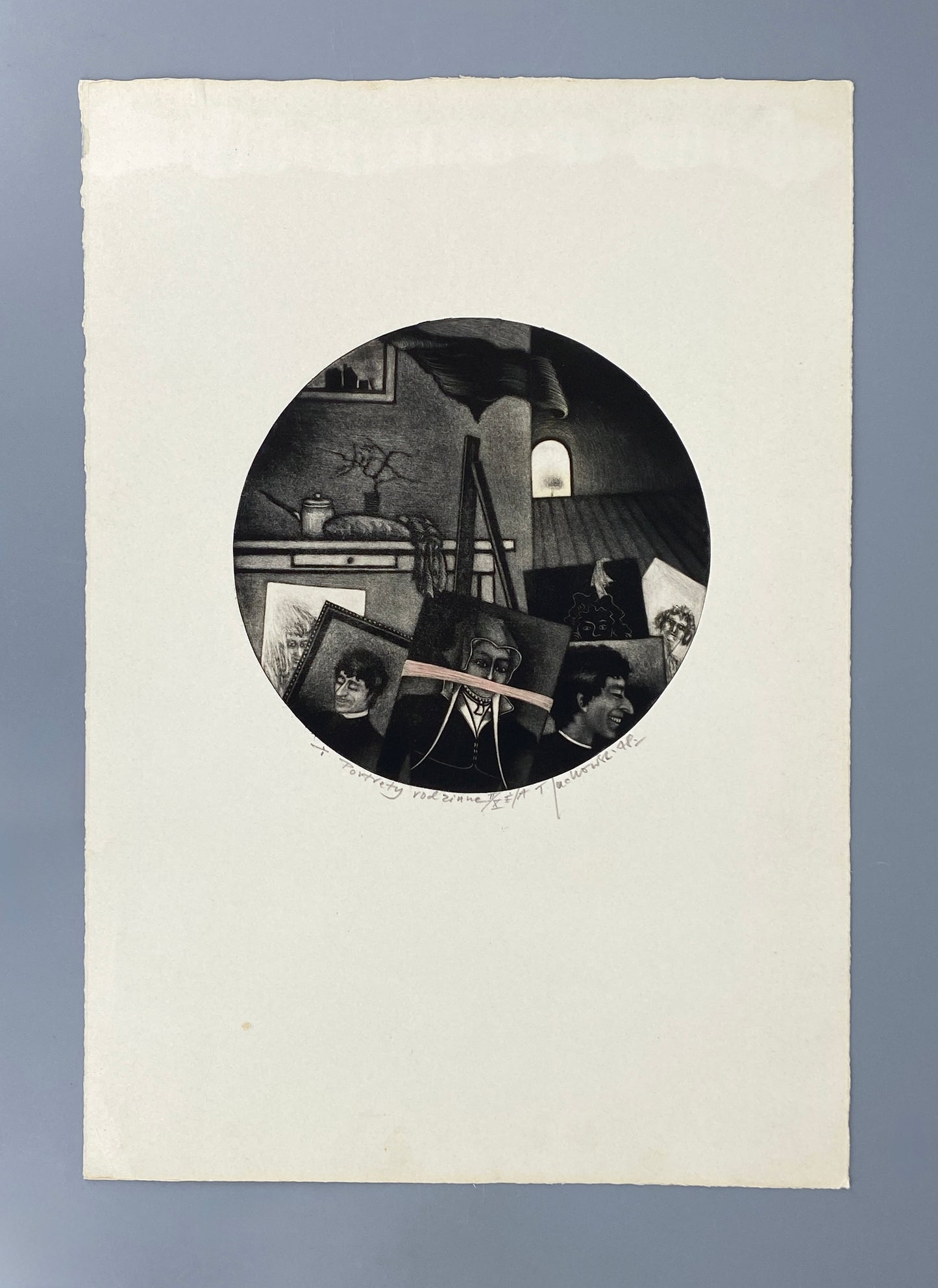 Mezzotinto-Radierung „Portrety rodzinne“ (Familienporträts) vom polnischen Künstler Tadeusz Jackowski, 1978