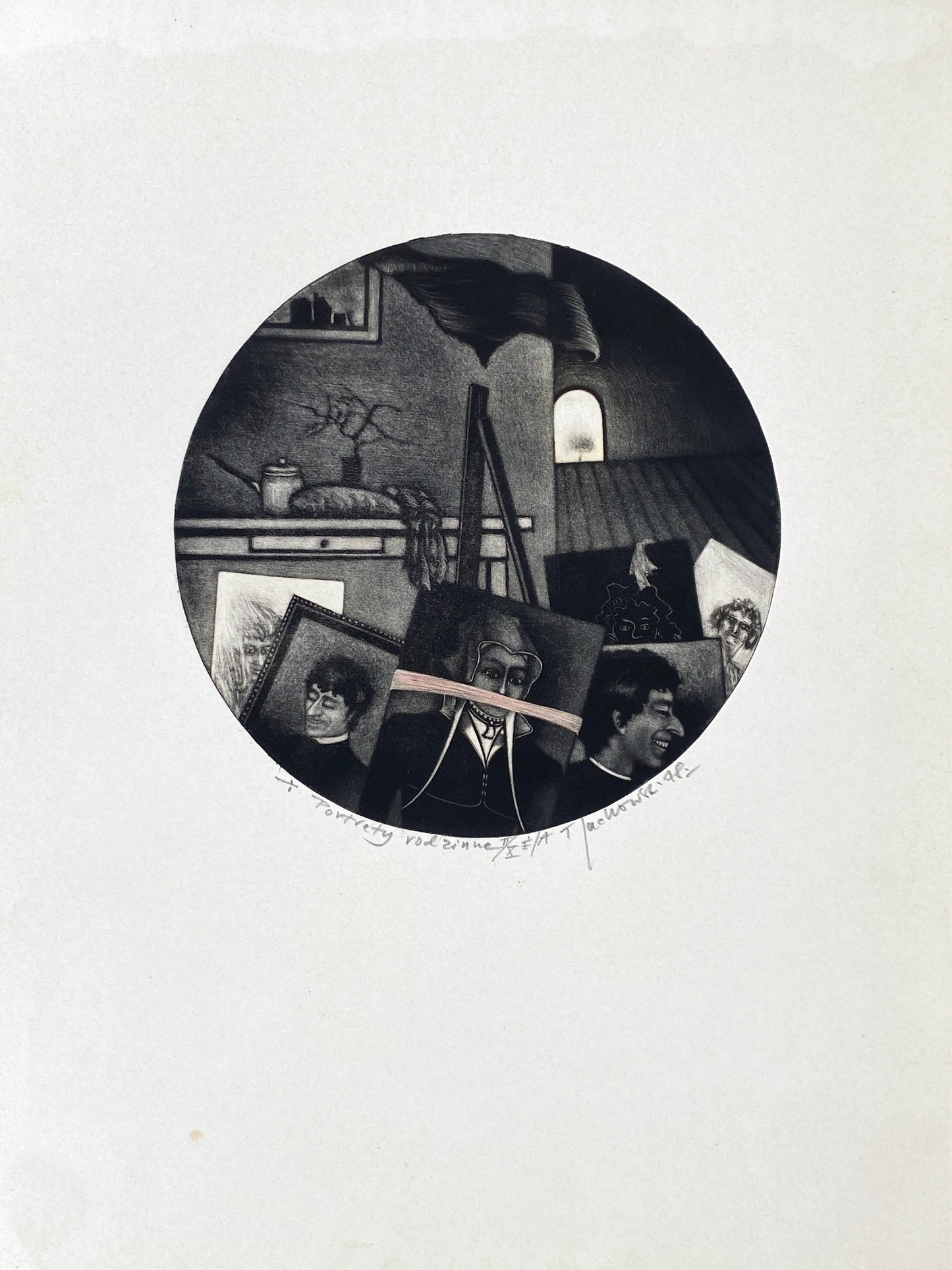 Mezzotinto-Radierung „Portrety rodzinne“ (Familienporträts) vom polnischen Künstler Tadeusz Jackowski, 1978