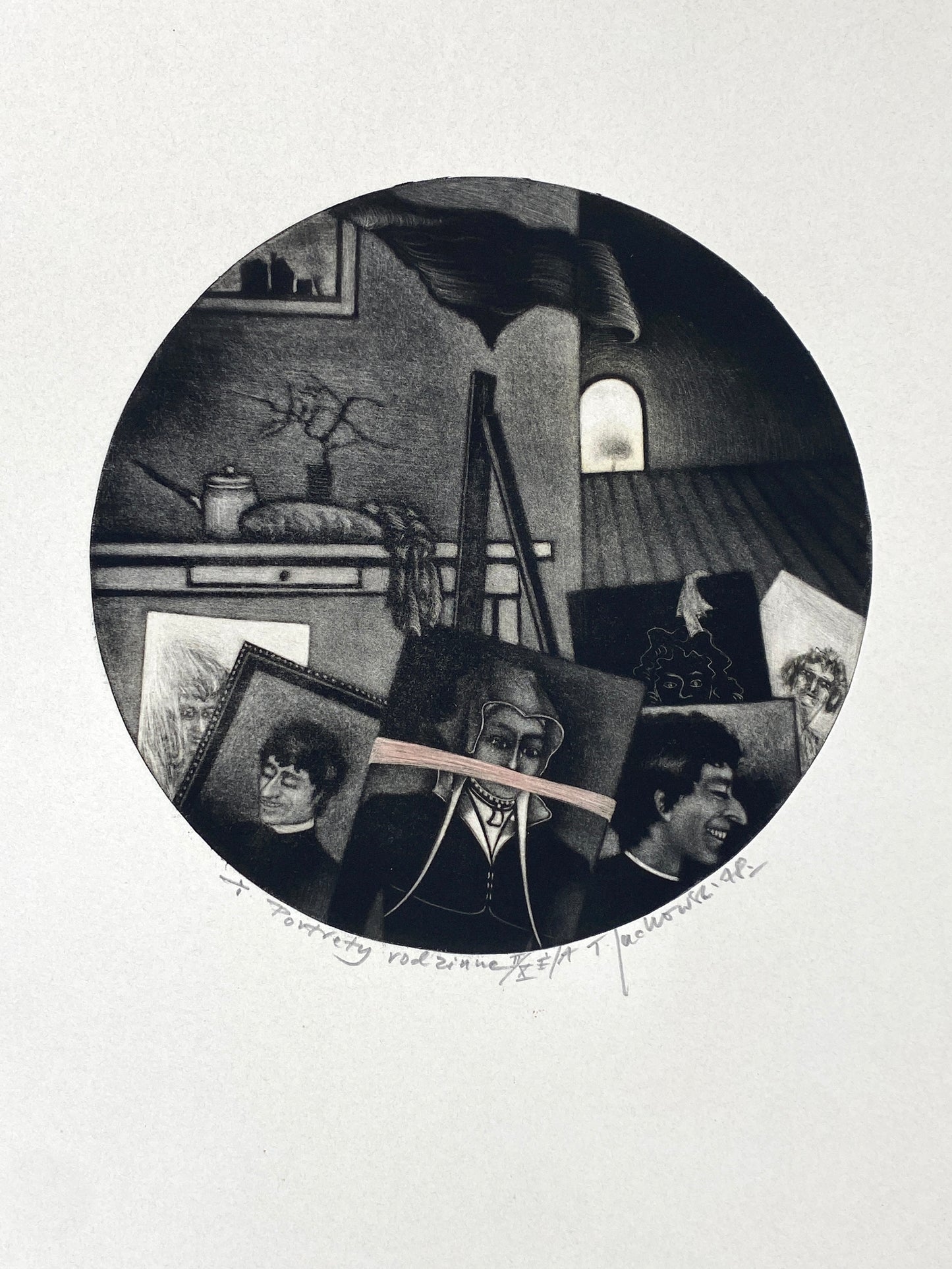 Mezzotinto-Radierung „Portrety rodzinne“ (Familienporträts) vom polnischen Künstler Tadeusz Jackowski, 1978