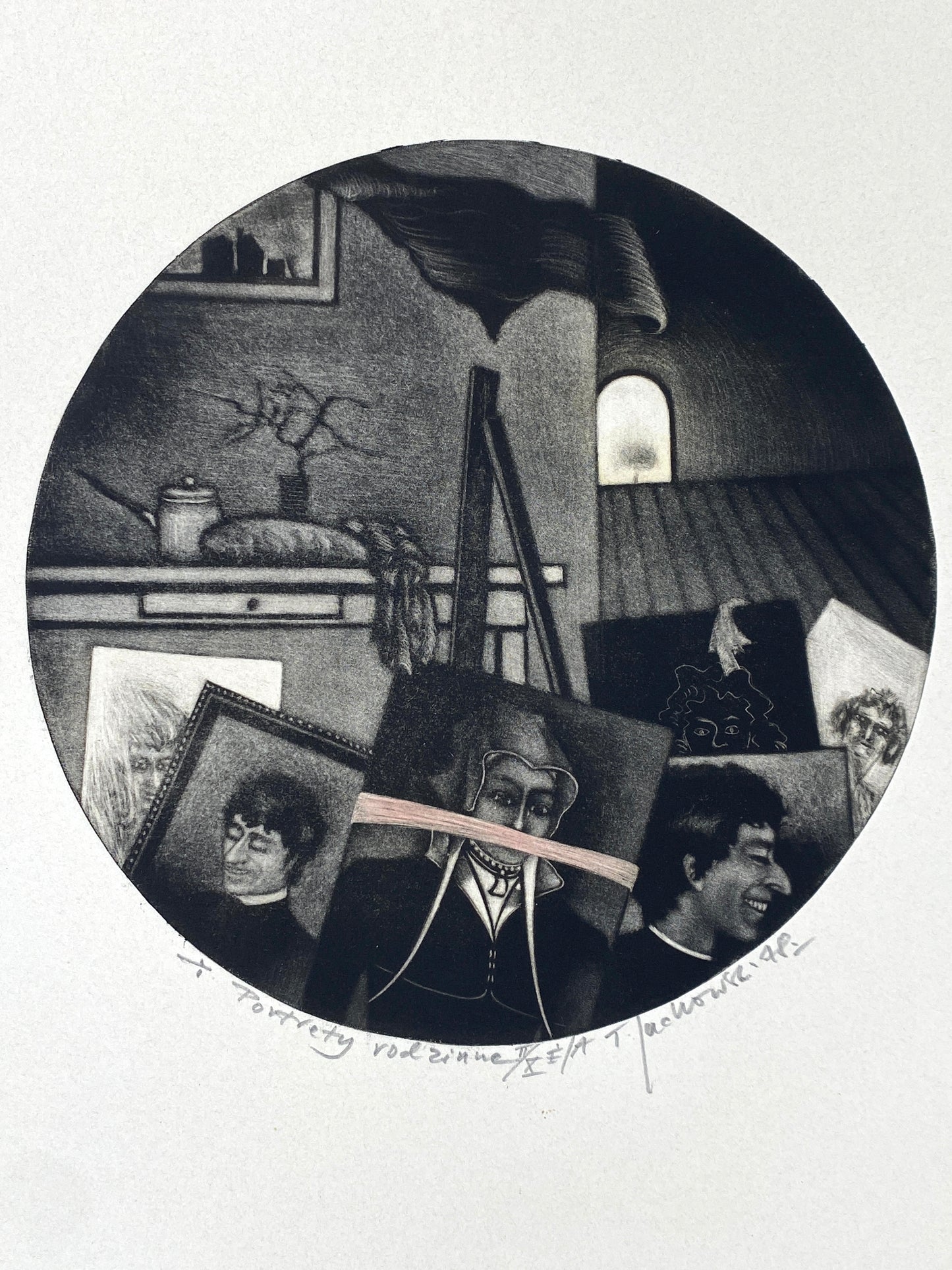 Mezzotinto-Radierung „Portrety rodzinne“ (Familienporträts) vom polnischen Künstler Tadeusz Jackowski, 1978