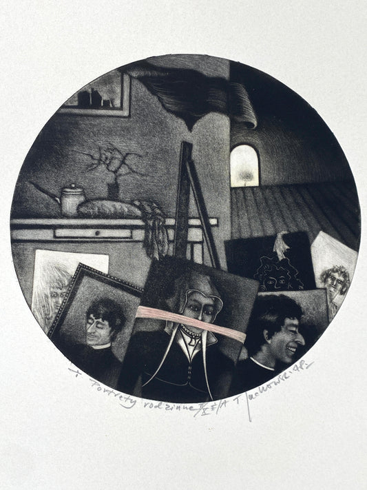 Mezzotinto-Radierung „Portrety rodzinne“ (Familienporträts) vom polnischen Künstler Tadeusz Jackowski, 1978