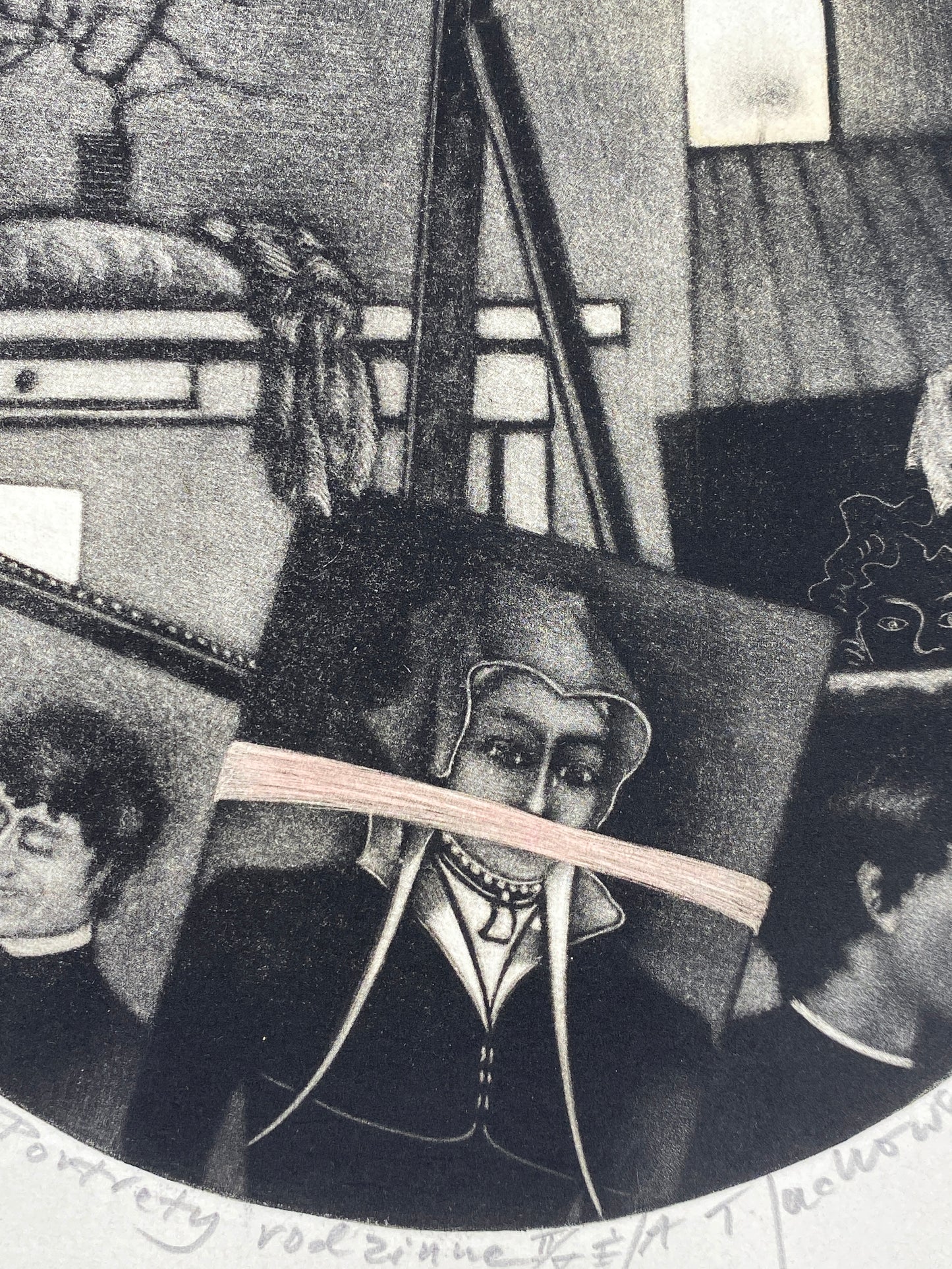 Mezzotinto-Radierung „Portrety rodzinne“ (Familienporträts) vom polnischen Künstler Tadeusz Jackowski, 1978