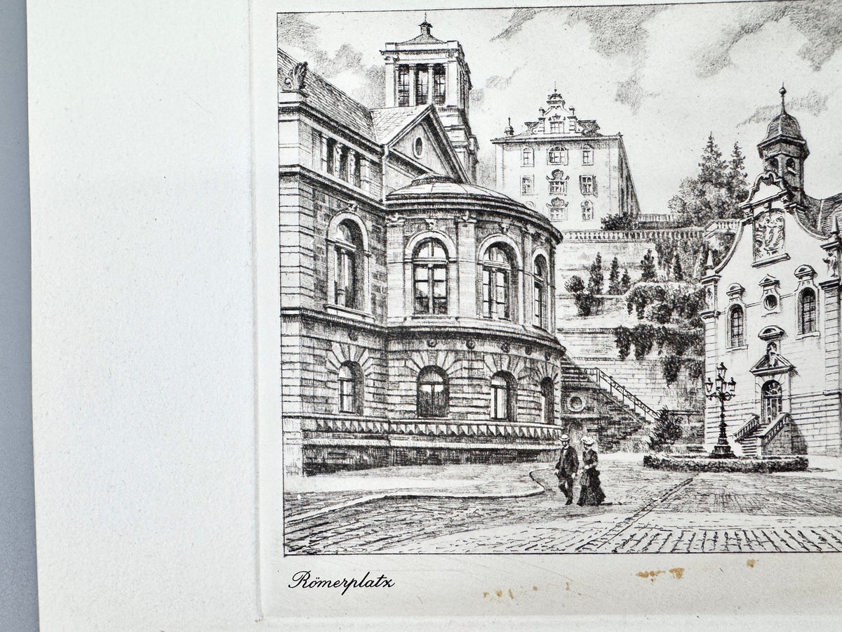 Römerplatz Baden-Baden. Historische Radierung von Heinz Wehlisch