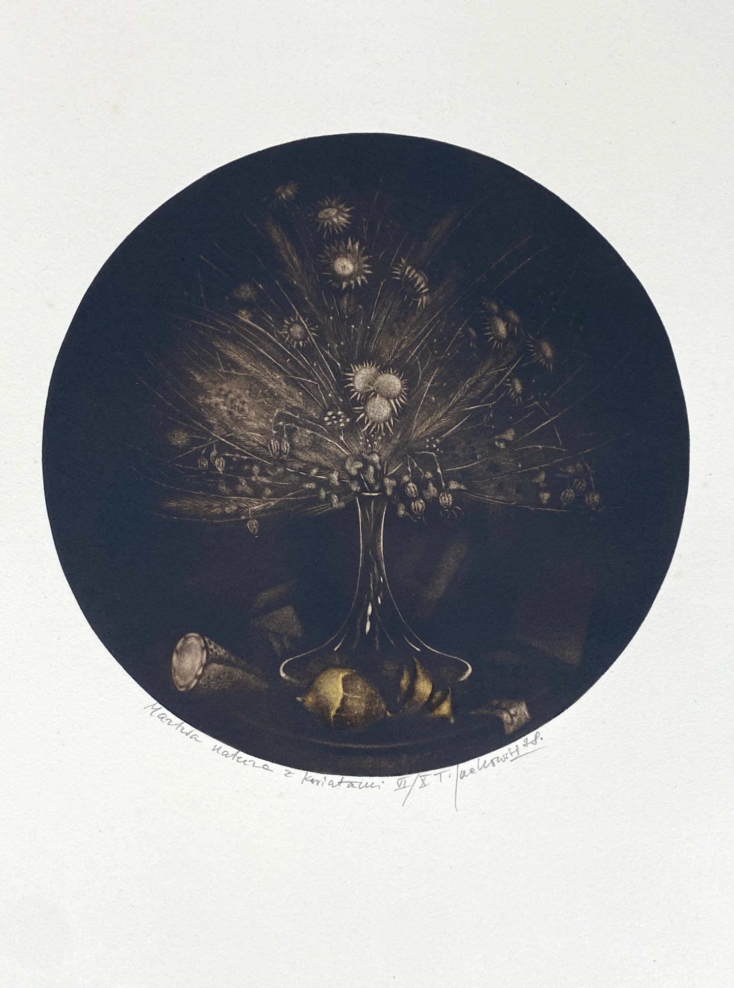 Mezzotinto-Radierung „Martwa natura z kwiatami“ (Stillleben mit Blumen) vom polnischen Künstler Tadeusz Jackowski, 1978