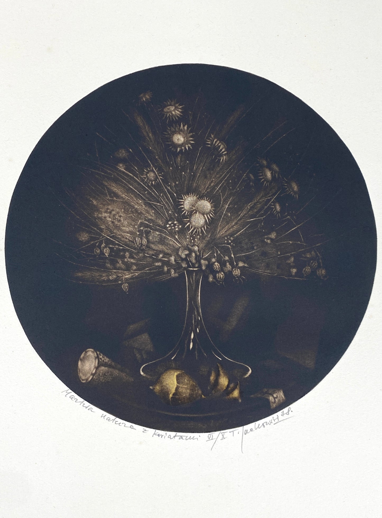 Mezzotinto-Radierung „Martwa natura z kwiatami“ (Stillleben mit Blumen) vom polnischen Künstler Tadeusz Jackowski, 1978